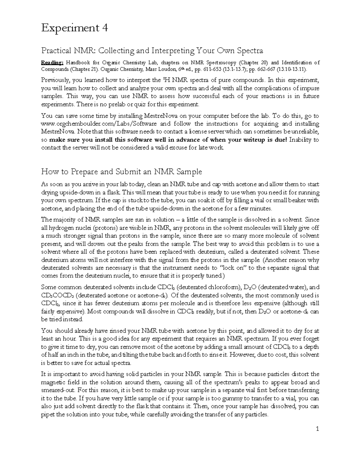 4 - Practical NMR - Informational Document - Experiment 4 Practical NMR ...