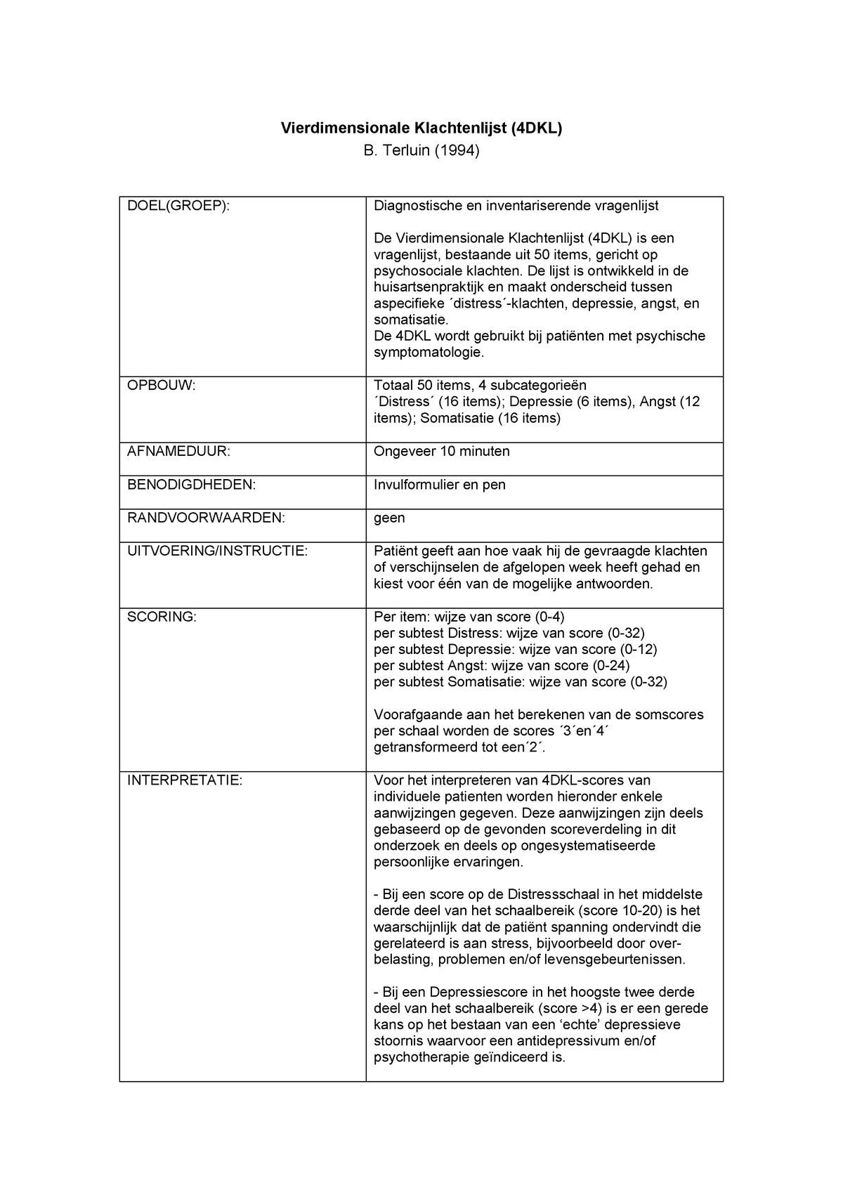 Algemene Vierdimensionale Klachtenlijst 4DKLalgemene Vierdimensionale ...