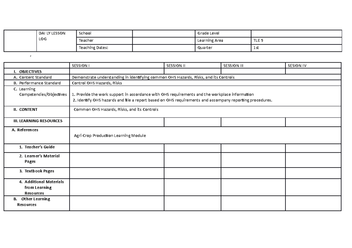 Q1-W4 tle 9 - GUIDE - DAI LY LESSON LOG School Grade Level Teacher ...