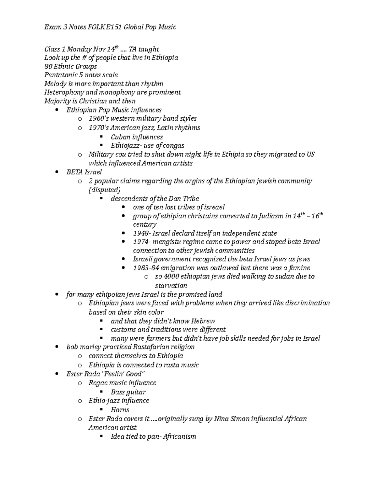 Exam 3 Notes Exam 3 Notes FOLK E151 Global Pop Music Class 1 Monday Nov 14th …. TA taught Look