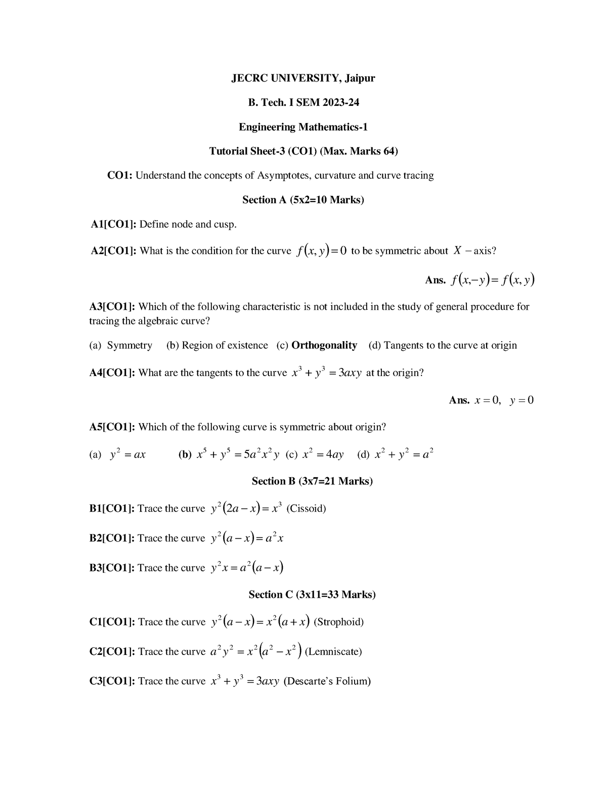 Tutorial Sheet 3 EM1 - Practise - JECRC UNIVERSITY, Jaipur B. Tech. I ...