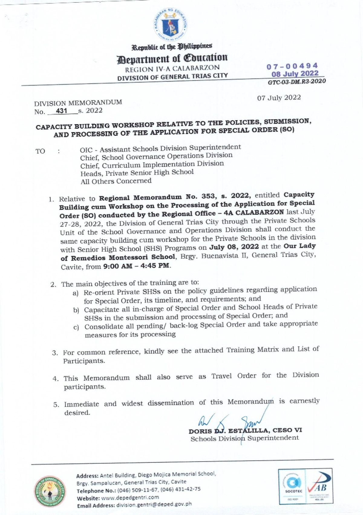 DM NO. 431 s. 2022 - A memorandum - Education, Secondary - Studocu