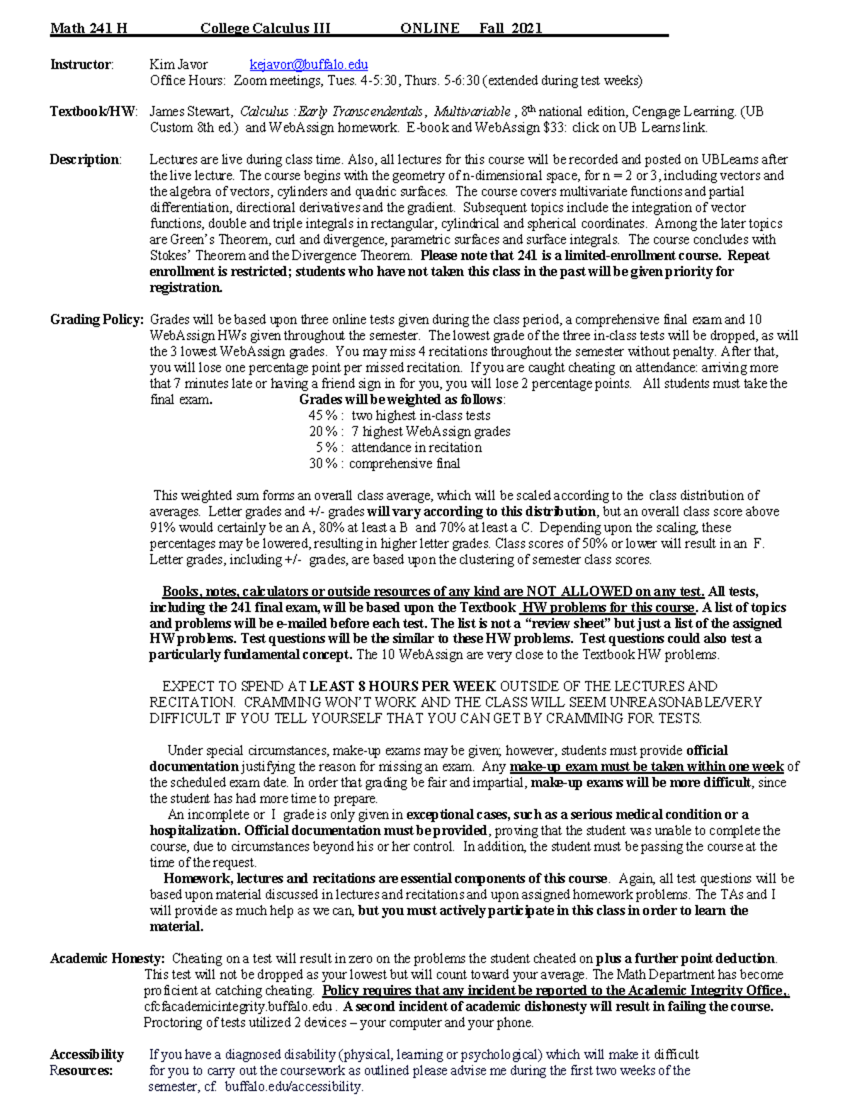 MTH 241-Syllabus - Prof: Kim Javor - Math 241 H College Calculus III ...