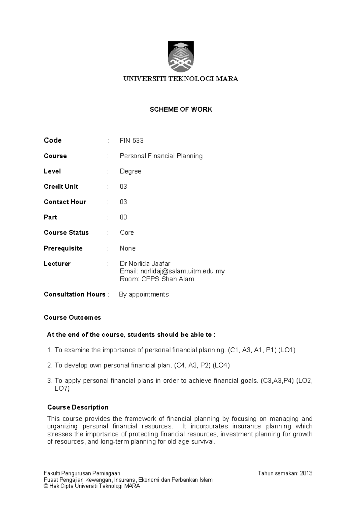 Scheme of work FIN533 latest - UNIVERSITI TEKNOLOGI MARA SCHEME OF WORK ...