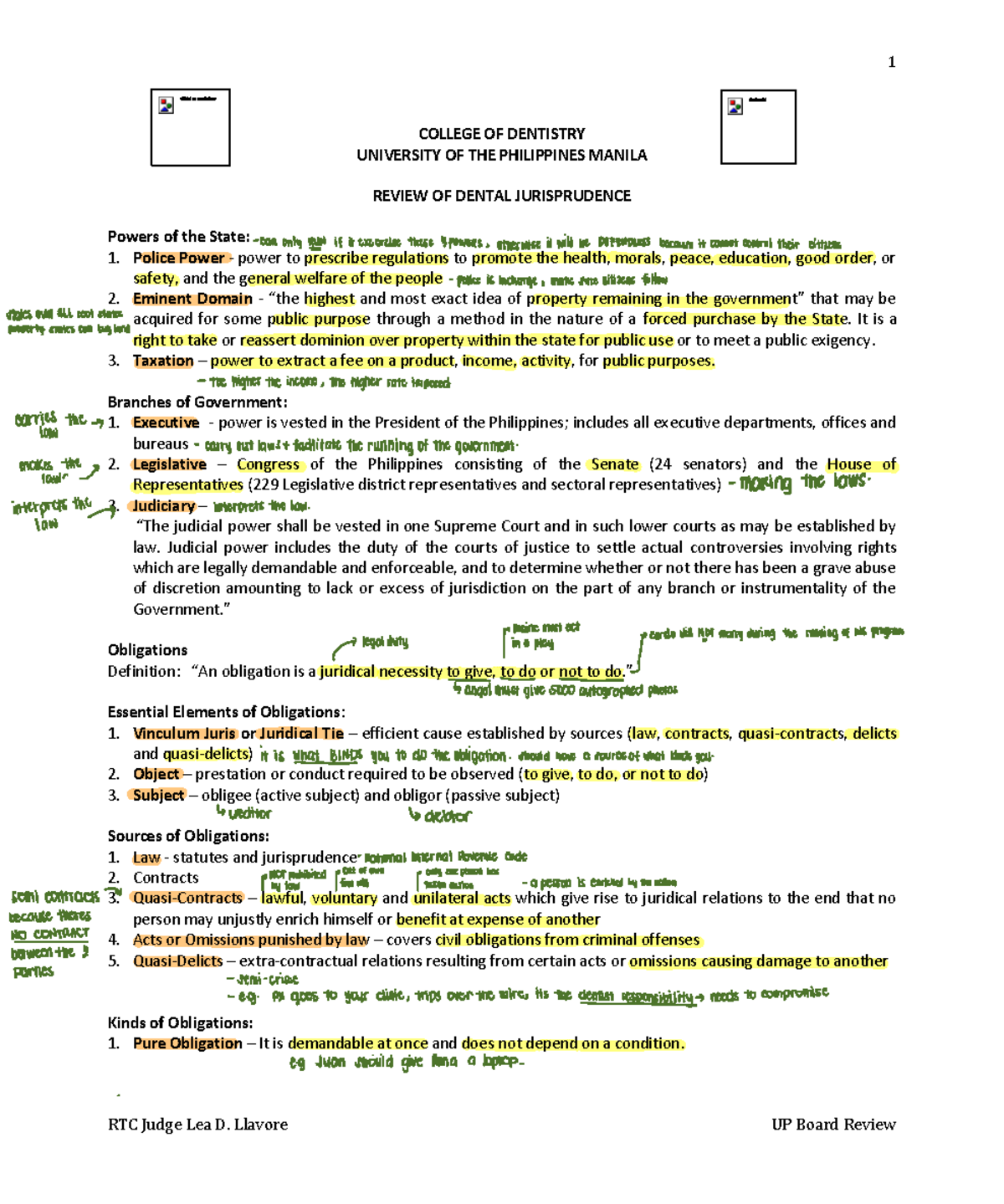 Dental Juris Notes COLLEGE OF DENTISTRY UNIVERSITY OF THE PHILIPPINES