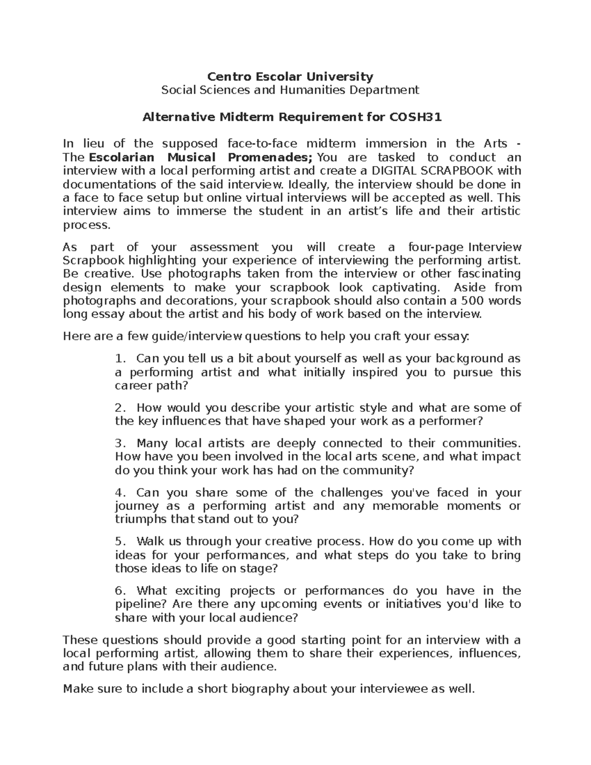 COSH31 Alternative Midterm Requirement - Centro Escolar University ...