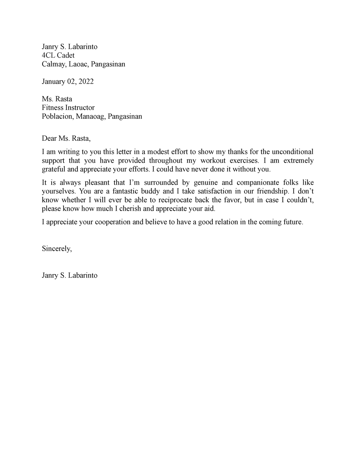 Acknowledgement letter - Janry S. Labarinto 4CL Cadet Calmay, Laoac ...