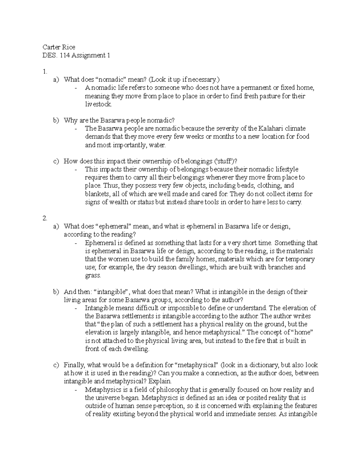 Des. 114 Assignment 1 - Take Home Test For Chapter 1 - Carter Rice Des 