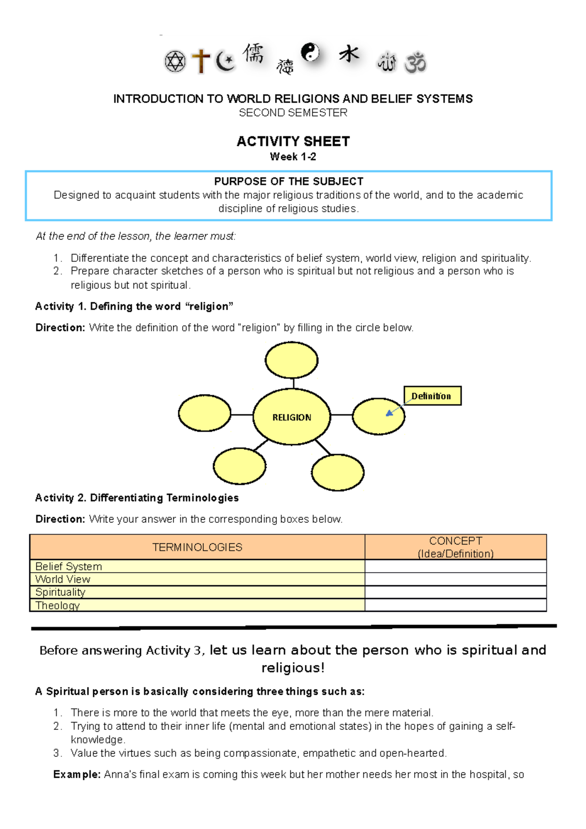 Activity Sheet Iwrbs WEEK 1 4 INTRODUCTION TO WORLD RELIGIONS AND 