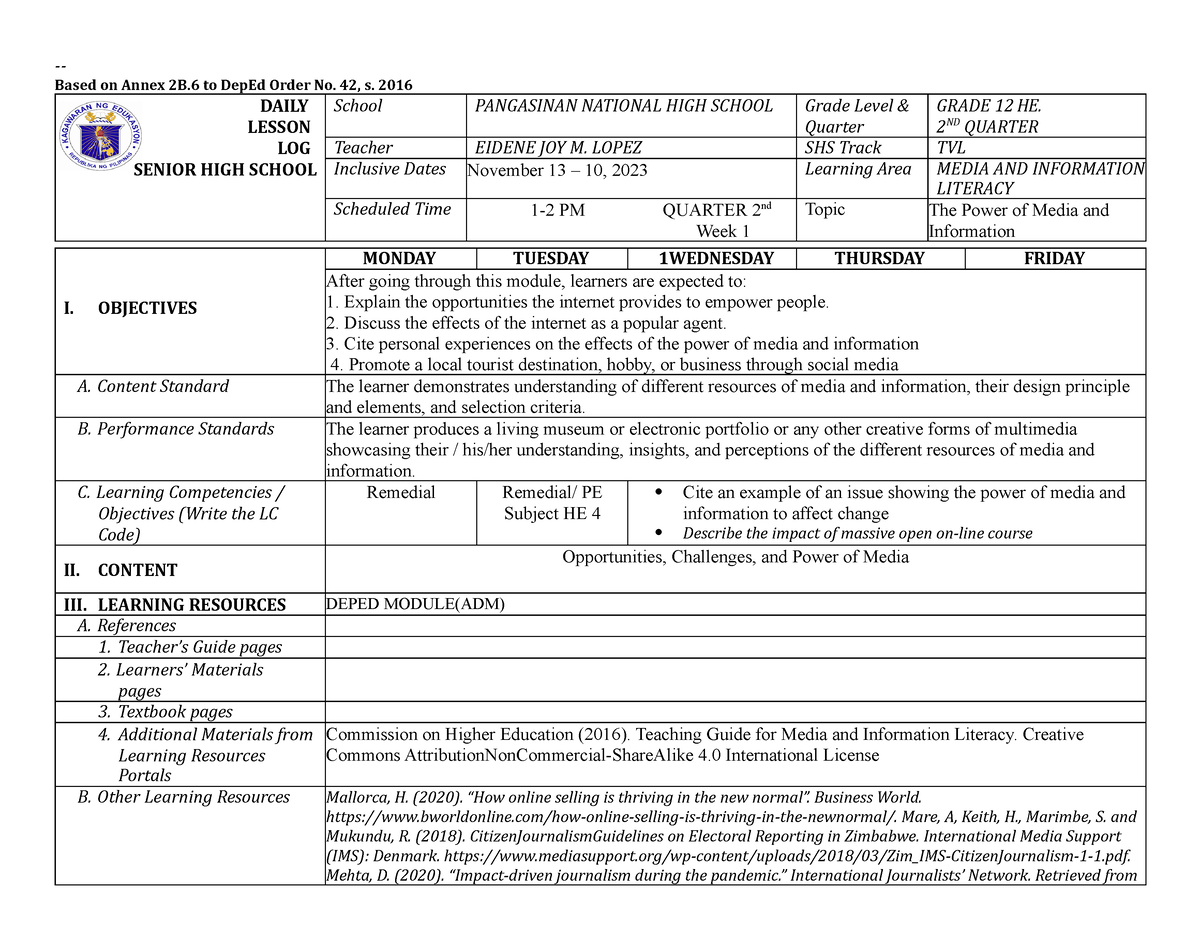 Q2-MIL-DLL- Week 1 - Daily Log - Based On Annex 2B To DepEd Order No ...