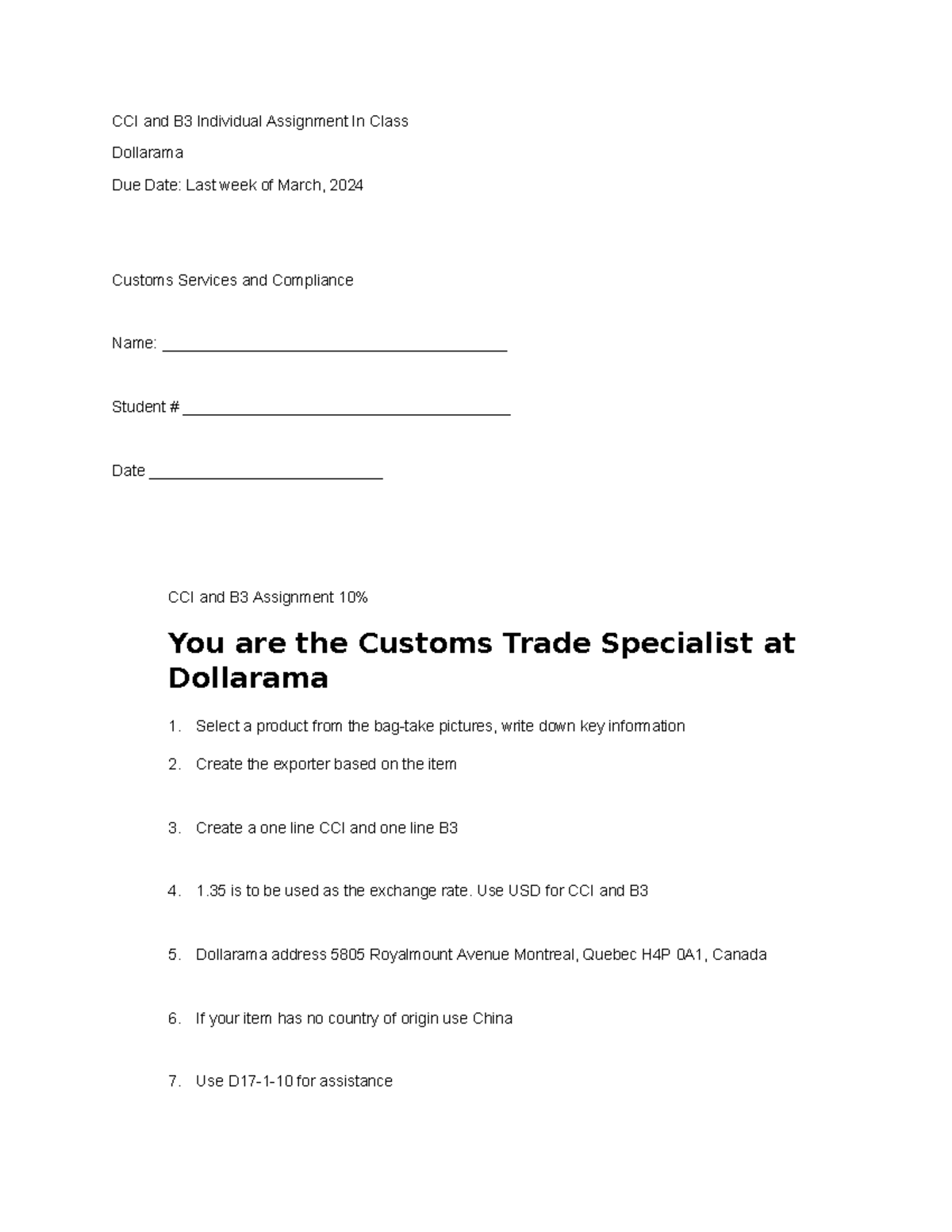 Dollarama Cover sheet and info - CCI and B3 Individual Assignment In ...