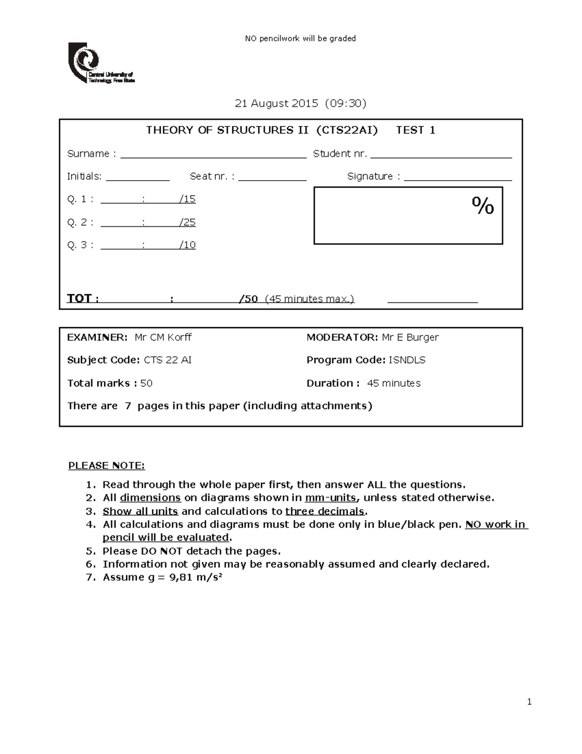 T1 2015 S2 - Assignment - 21 August 2015 (09:30) **PLEASE NOTE: Read ...