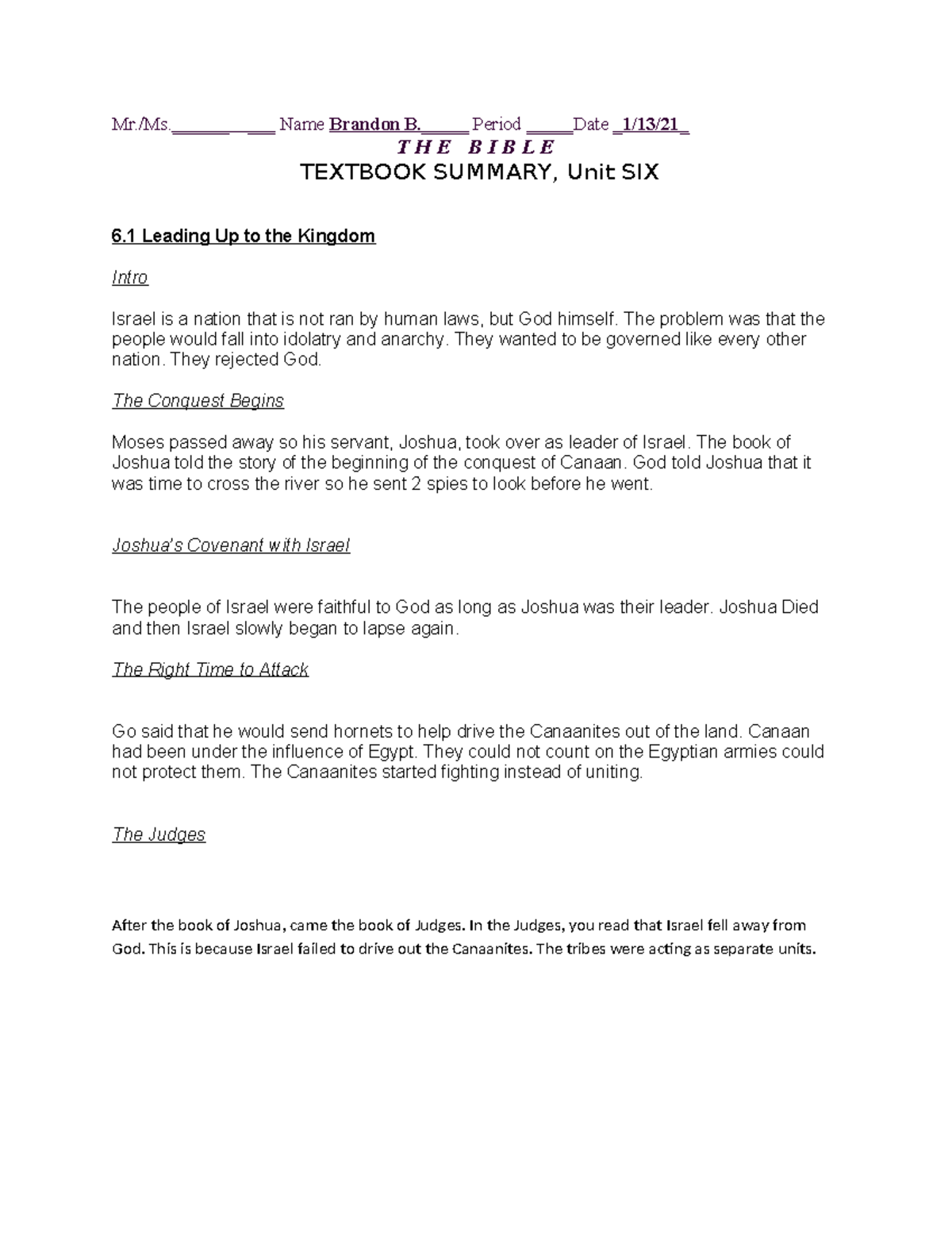 6.1 Textbook Summary - english - Mr./Ms.______ ___ Name Brandon B ...