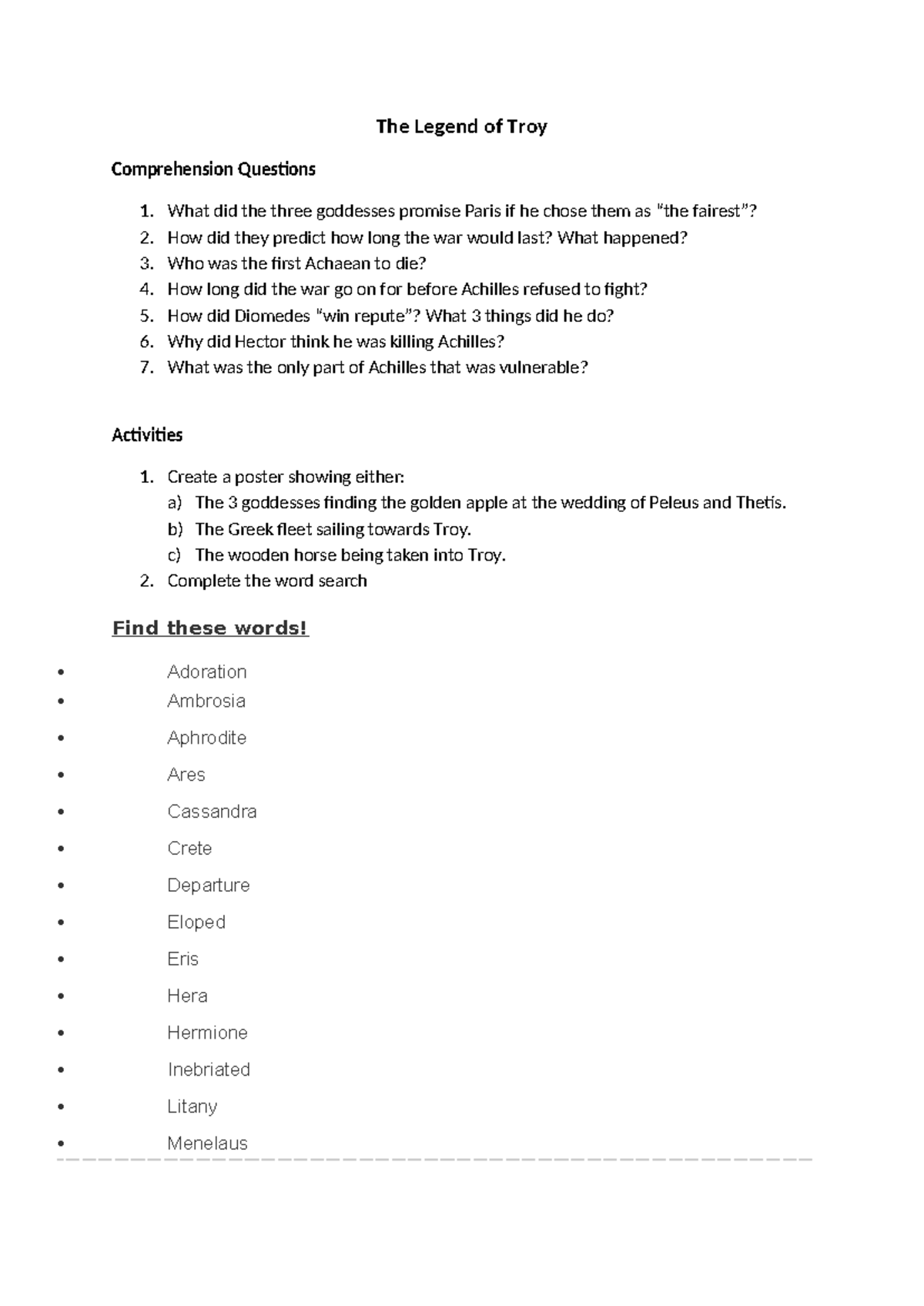 Troy activities Questions on Troy The Legend of Troy Comprehension