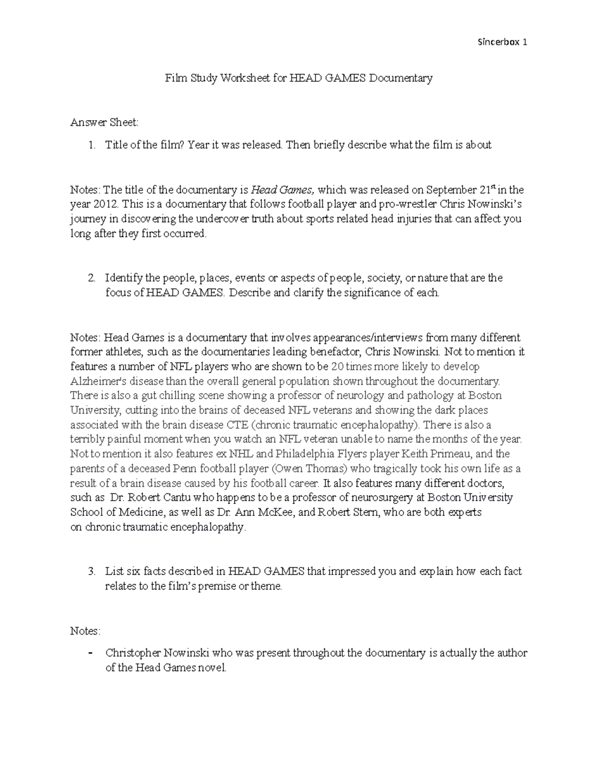 Film Study Worksheet (HEAD Games Documentary) Sincerbox 1 Film Study