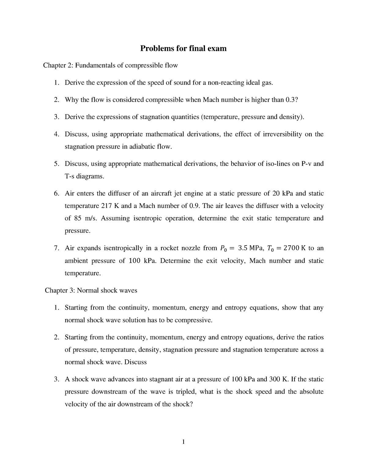 Gas Dynamics Questions - 1 Problems For Final Exam Chapter 2 ...