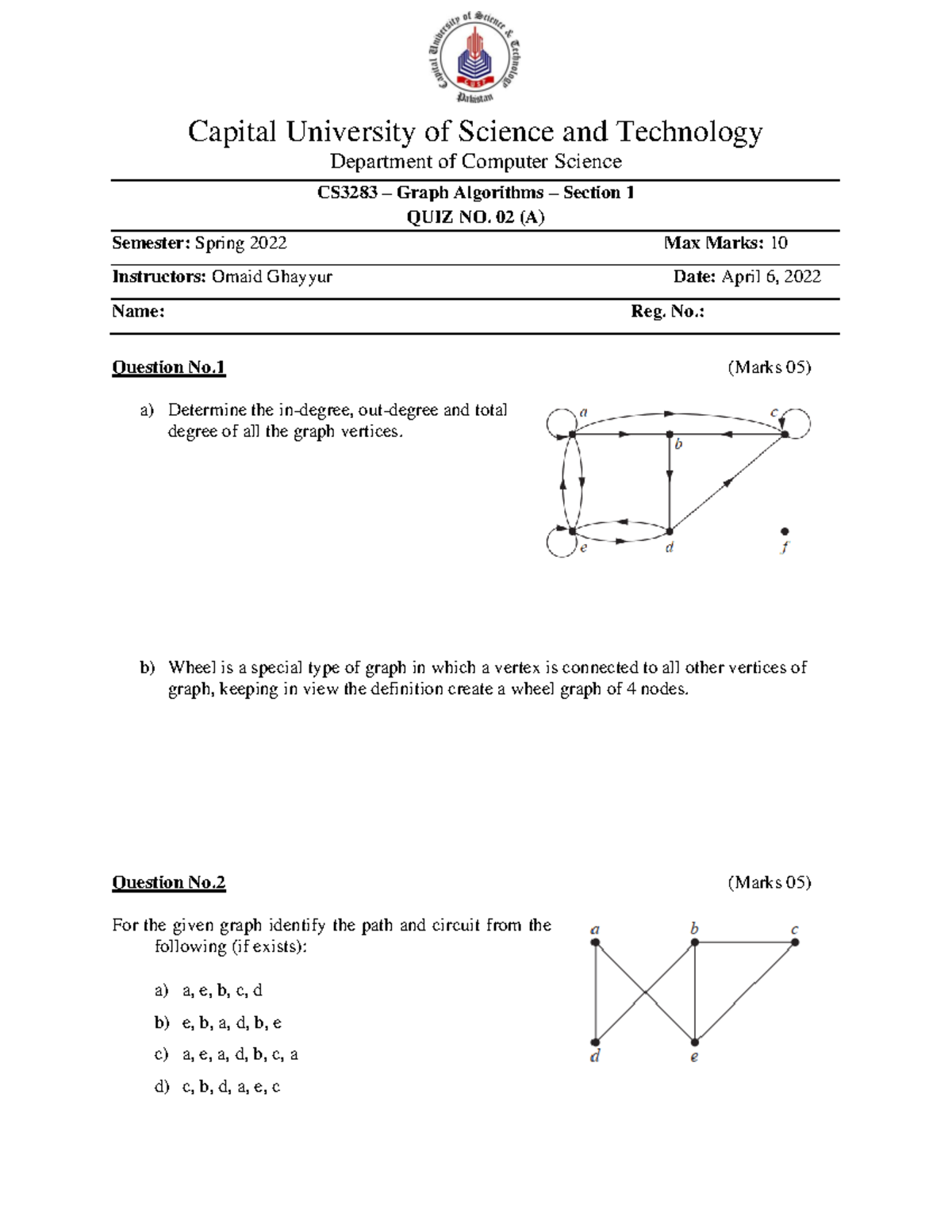 GA Quiz 2A Fundamentals of Computer science Capital University of