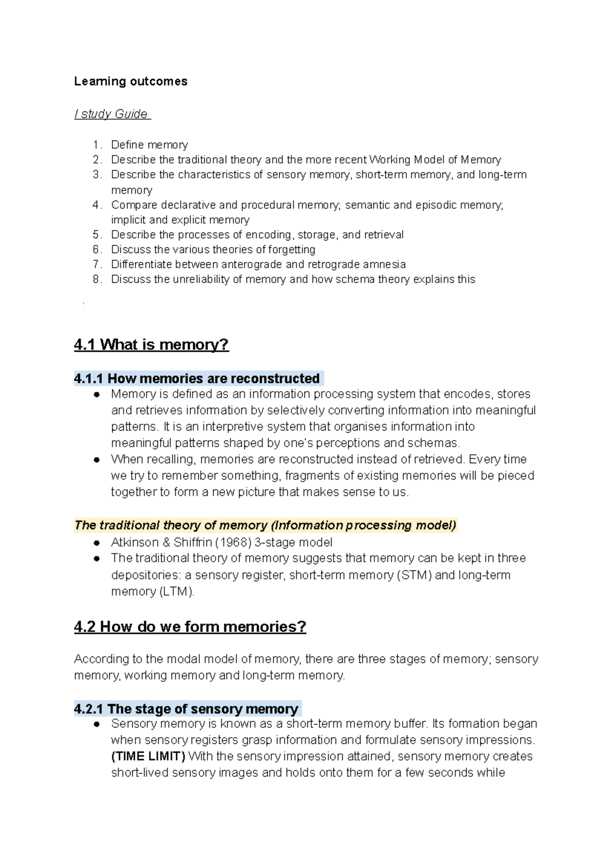 PSY107 Memory Notes - Learning outcomes I study Guide Define memory ...