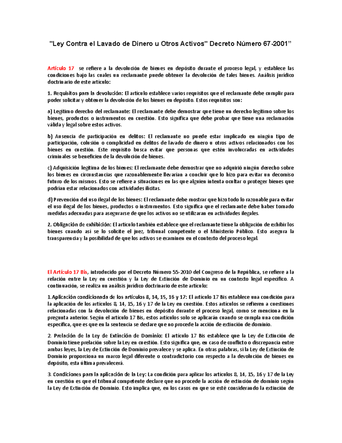 Artículo 17 - ..... - "Ley Contra el Lavado de Dinero u Otros Activos ...