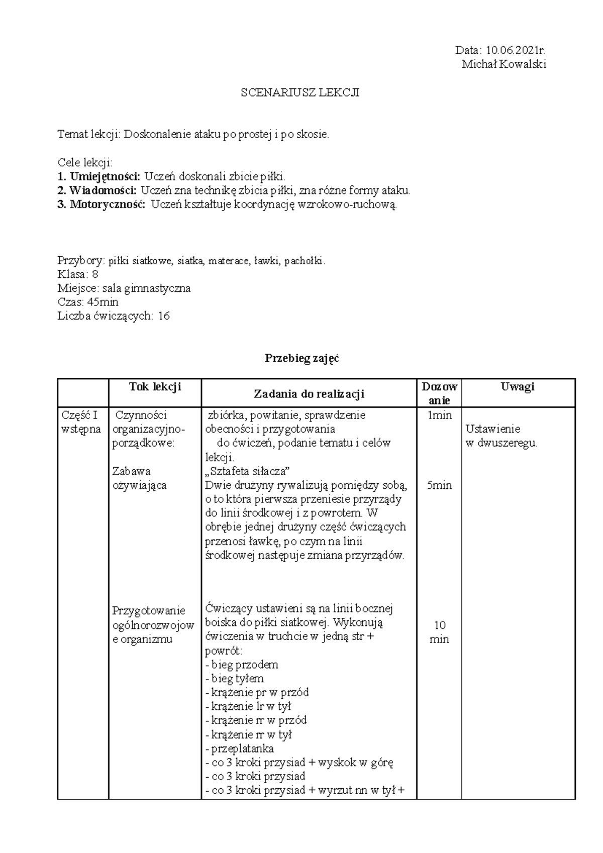 Scenariusz zajęć z wychowania fizycznego - Metodyka Wf, Sportu