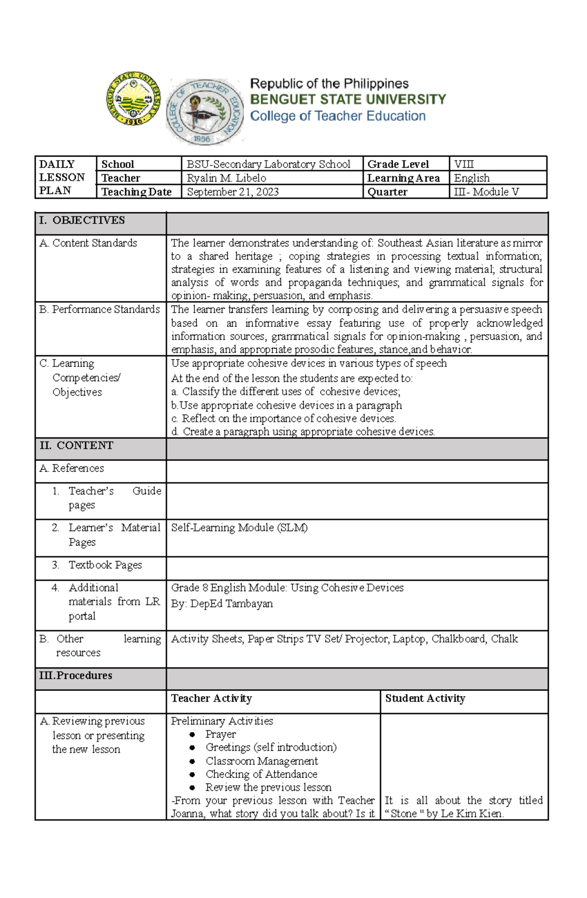 Final LP Cohesive DevicesLibelo DAILY LESSON PLAN School BSU