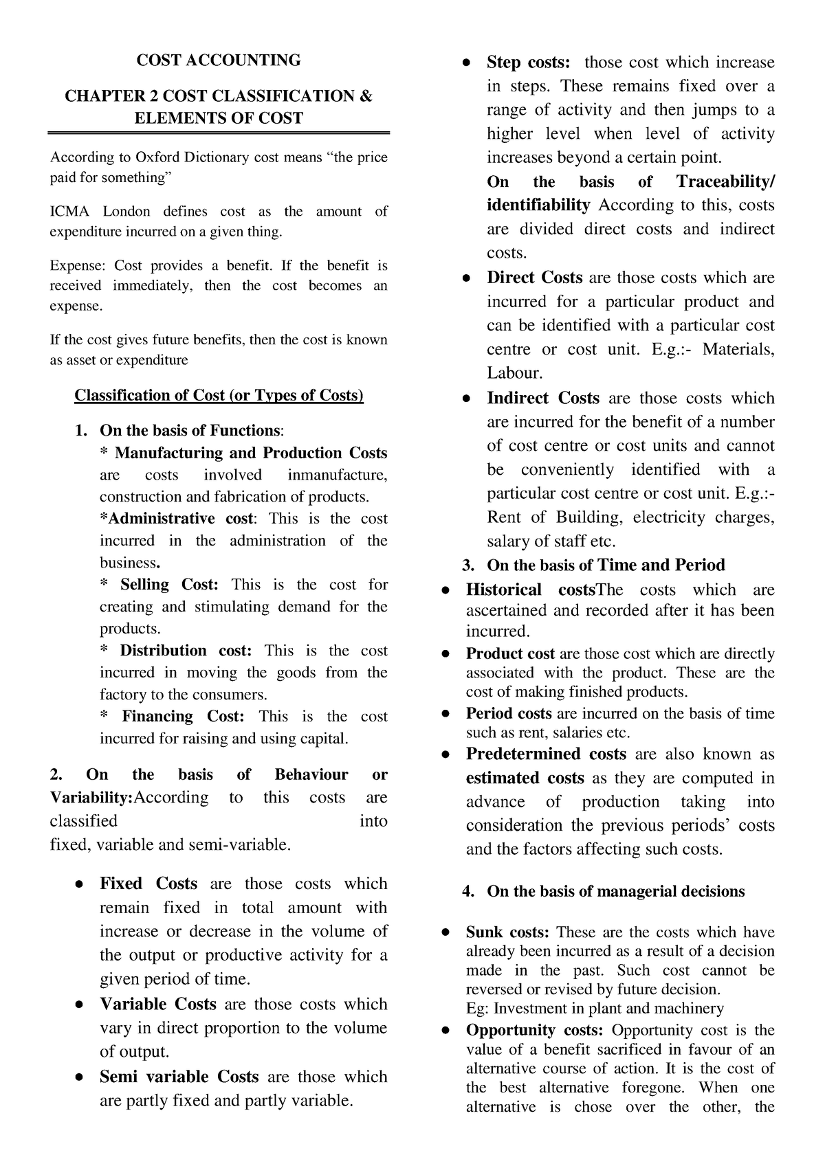 Chapter 02 Cost Classification and Elements of cost - COST ACCOUNTING