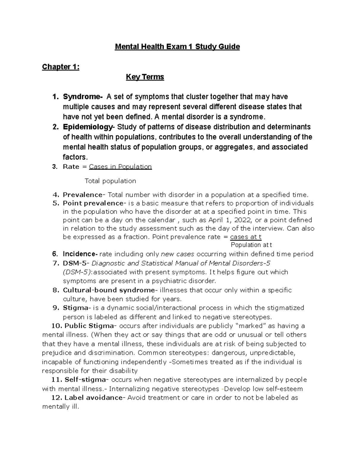 Mental health study guide 1 2 - Mental Health Exam 1 Study Guide ...