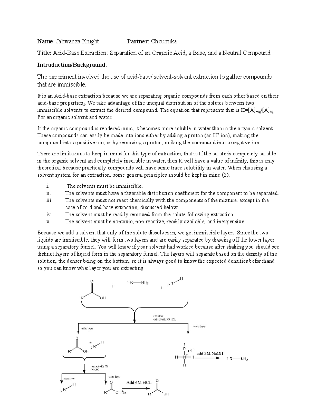 Post lab 2AcidBase Extraction Separation of an Organic Acid, a Base