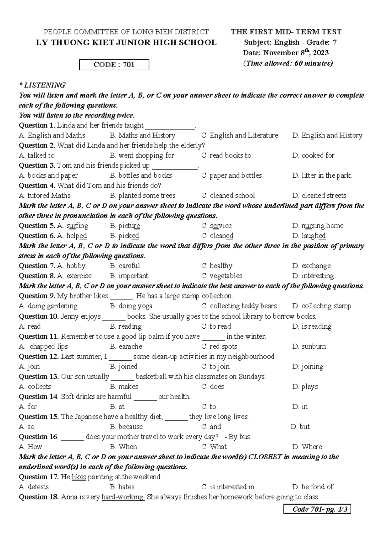 Gki701lchide 05012024 Code 701 pg. 1 / 3 PEOPLE COMMITTEE OF LONG BIEN DISTRICT LY THUONG
