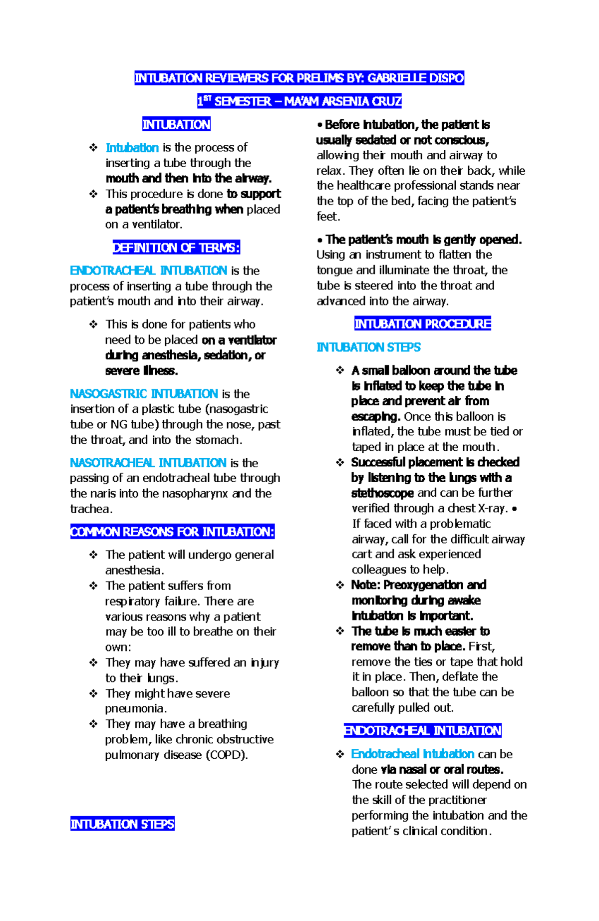 Intubation- Reviewers - INTUBATION REVIEWERS FOR PRELIMS BY: GABRIELLE ...