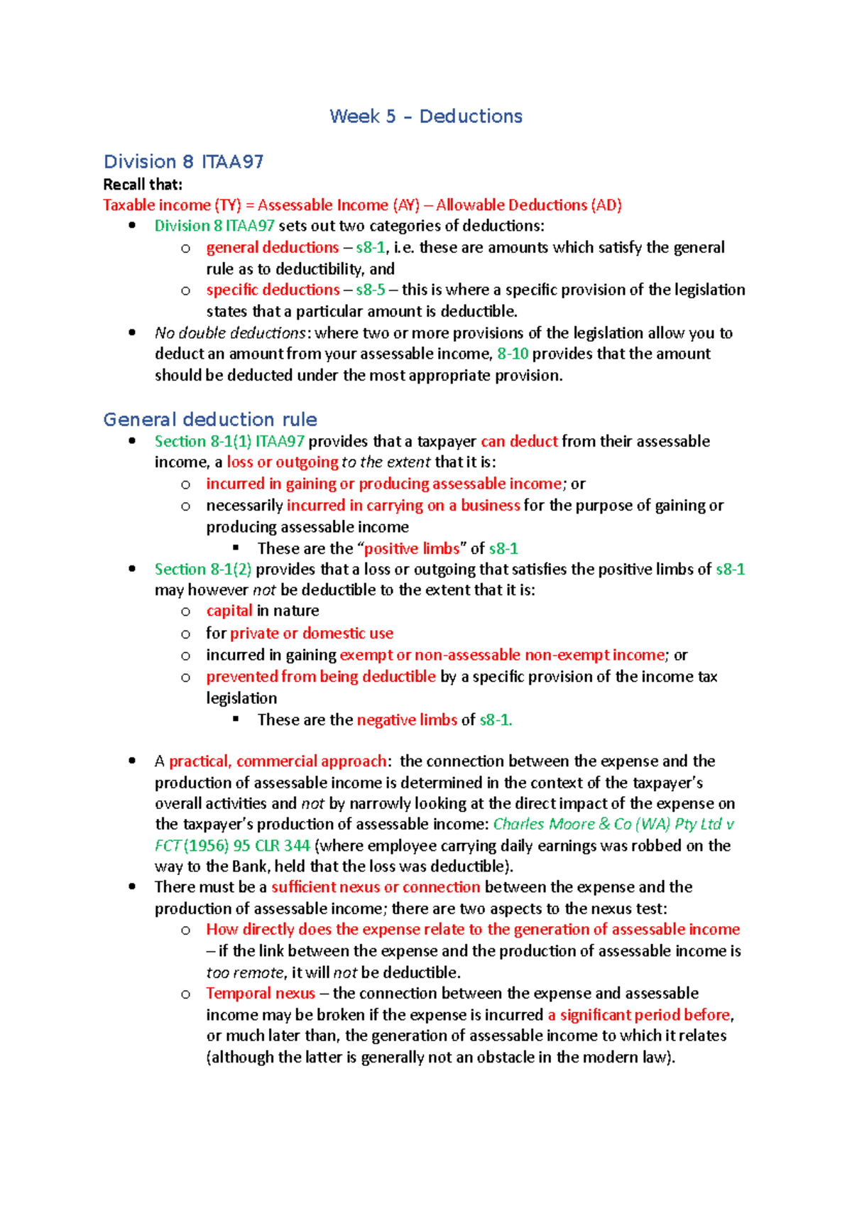 05 Deductions Week 5 Lecture Notes - BUSN3014 - ANU - Studocu