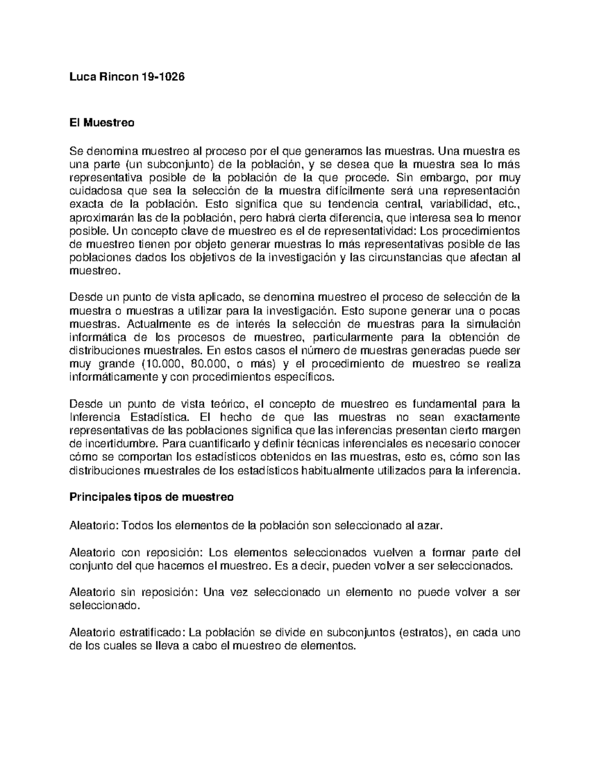 El muestreo - Luca Rincon 19- El Muestreo Se denomina muestreo al ...