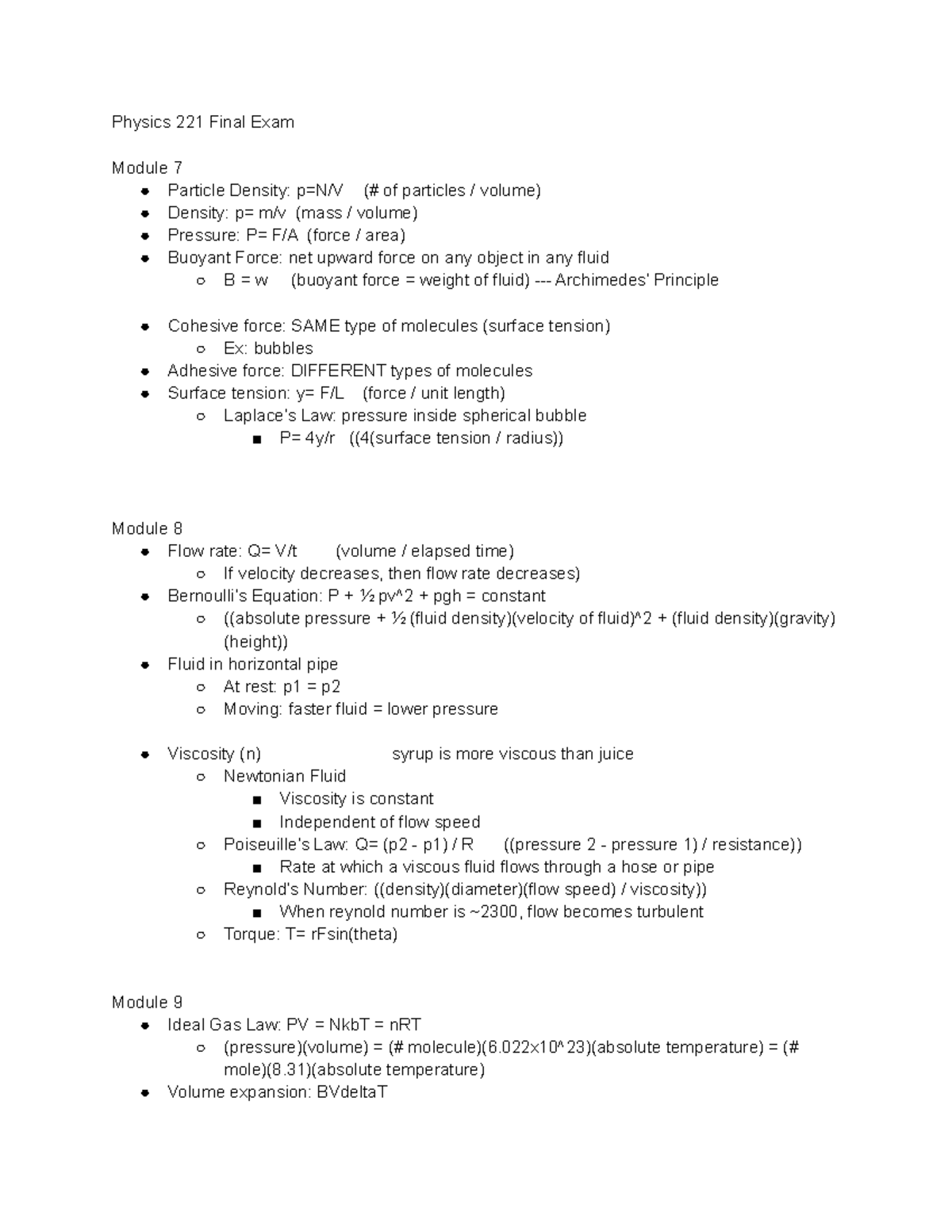 Physics 221 Final Exam - Notes Of Important Terms And Formulas For ...