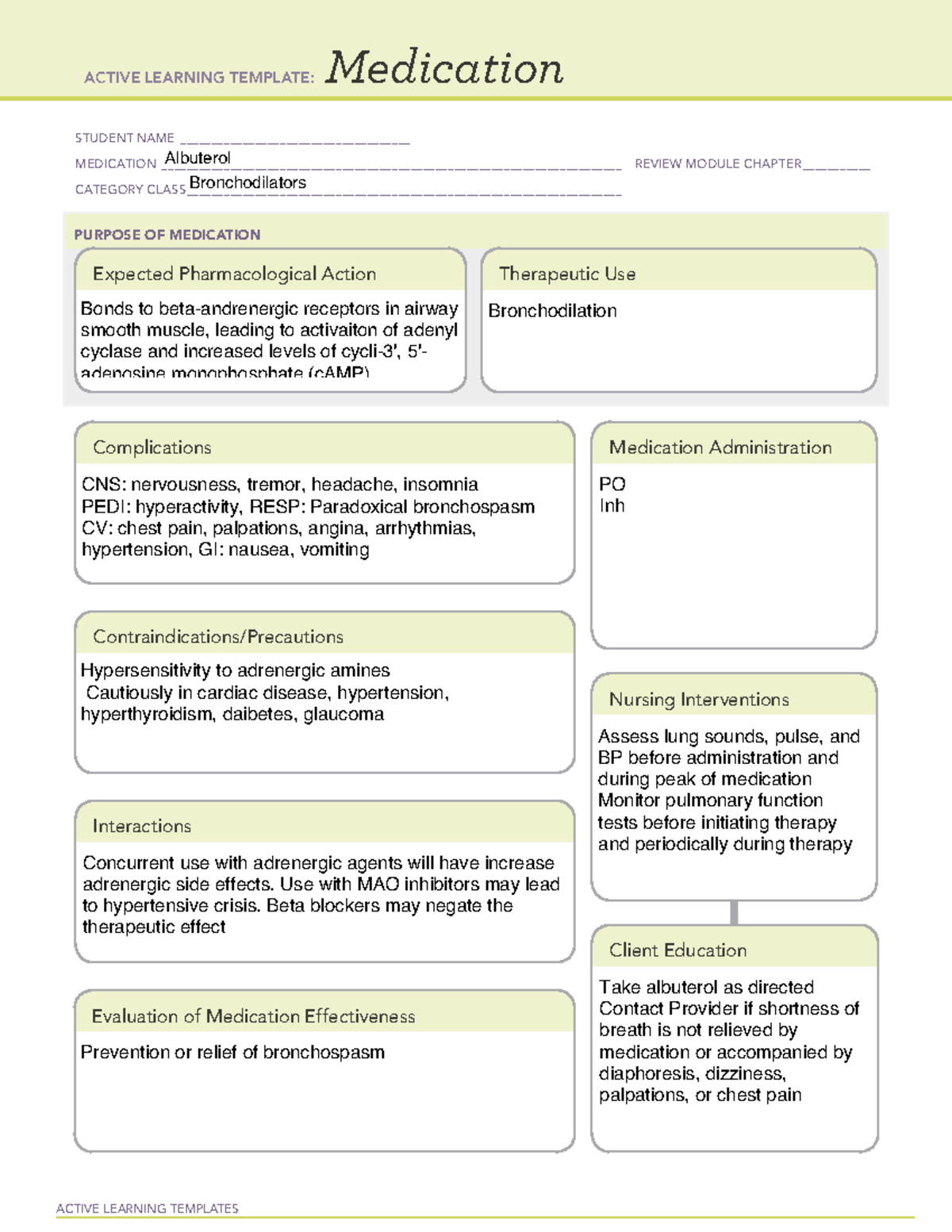 Albuterol Ati med temp ACTIVE LEARNING TEMPLATES Medication STUDENT