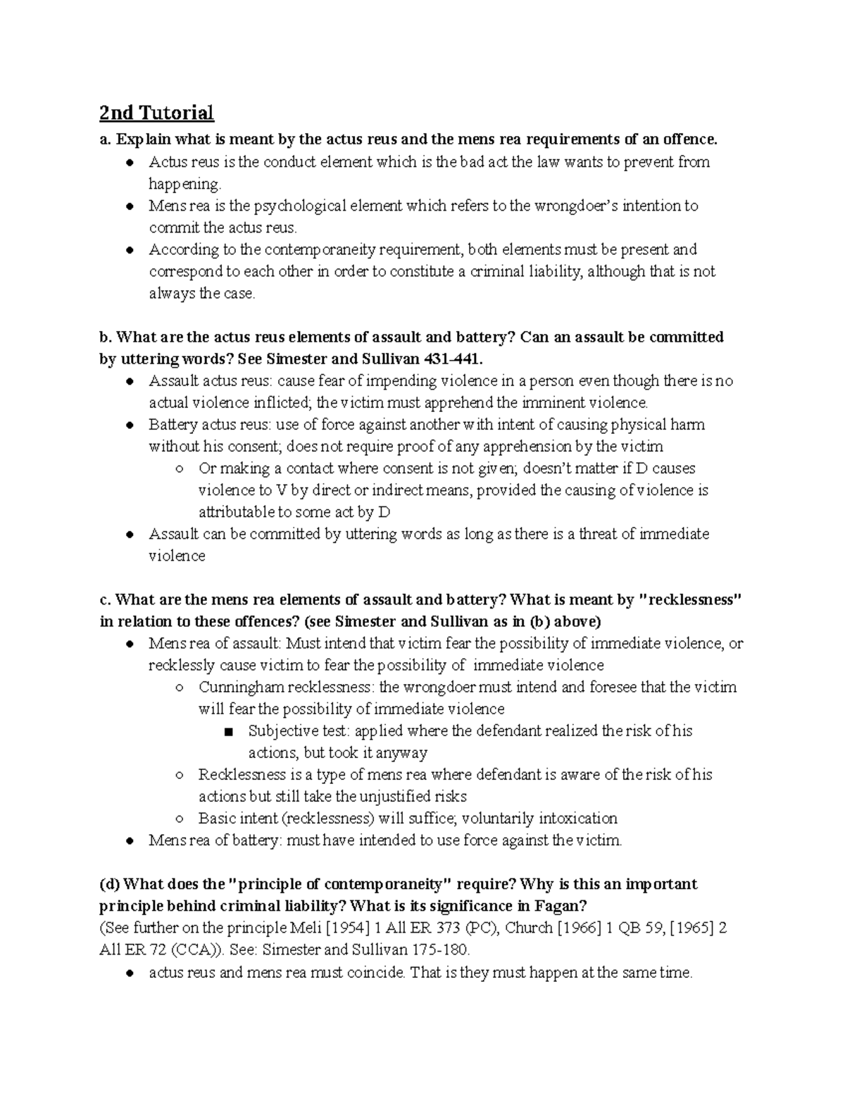 Criminal law tutorial - 2nd Tutorial a. Explain what is meant by the ...