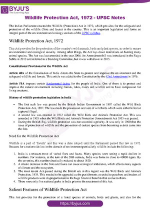 Wildlife Protection Act 1972 Upsc This Is An Important Legislation And Forms An Integral Part Of Studocu
