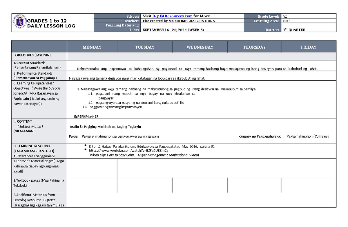 DLL ESP 6 Q1 W8 - Please Read - GRADES 1 to 12 DAILY LESSON LOG School ...
