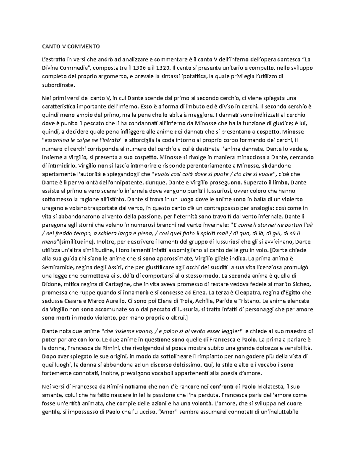 Canto V inferno Commento CANTO V COMMENTO L’estratto in versi che