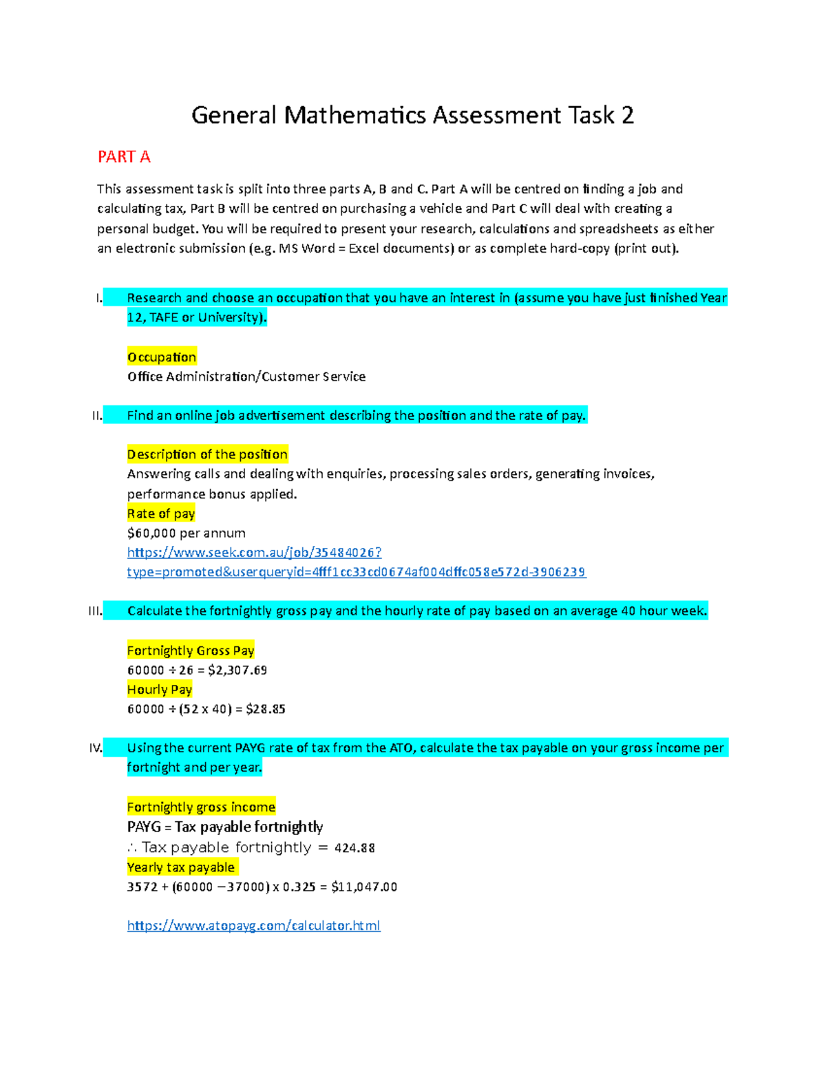 PART A - First Part of Assessment - General Mathematics Assessment Task ...