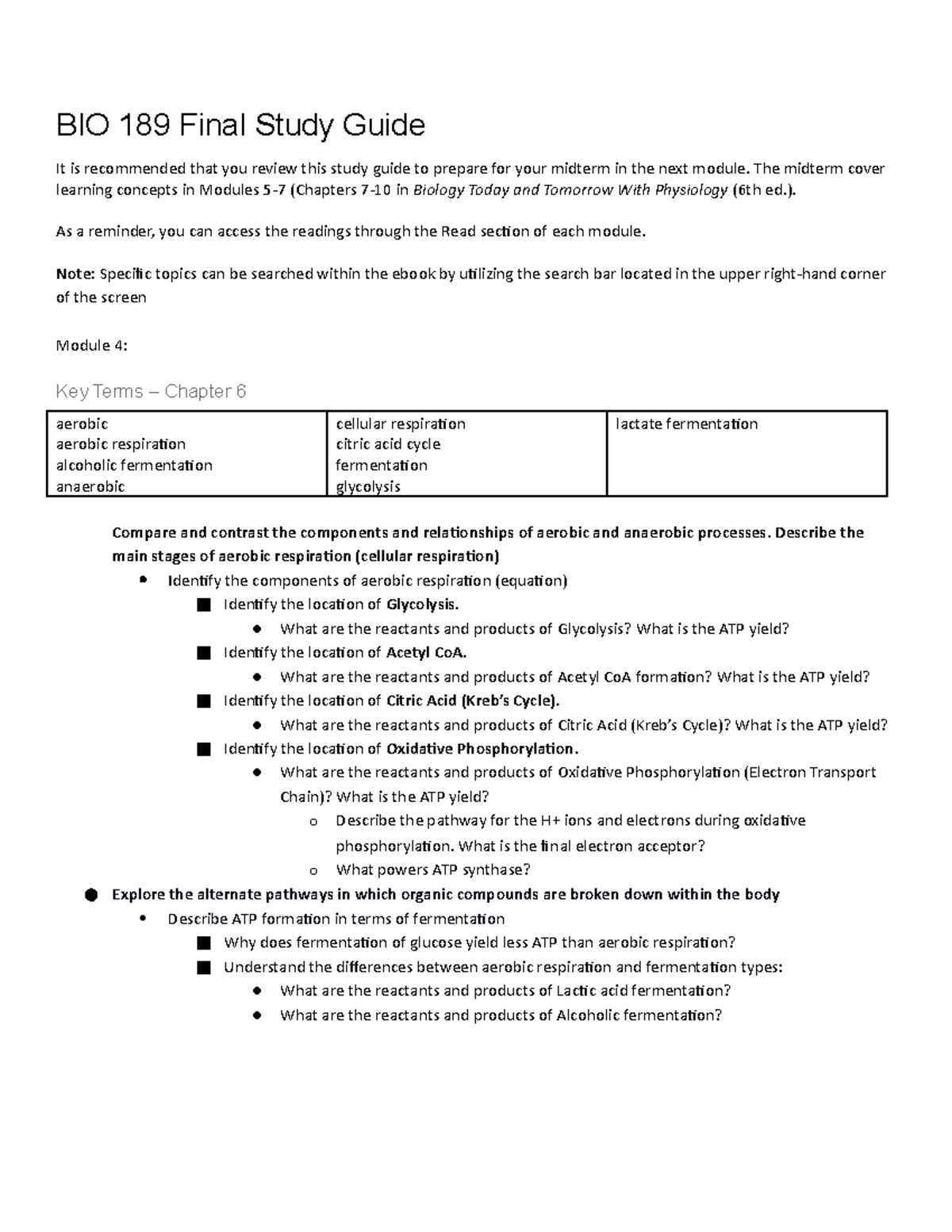 BIO 189 Final Study Guide - BIO 189 Final Study Guide It Is Recommended ...