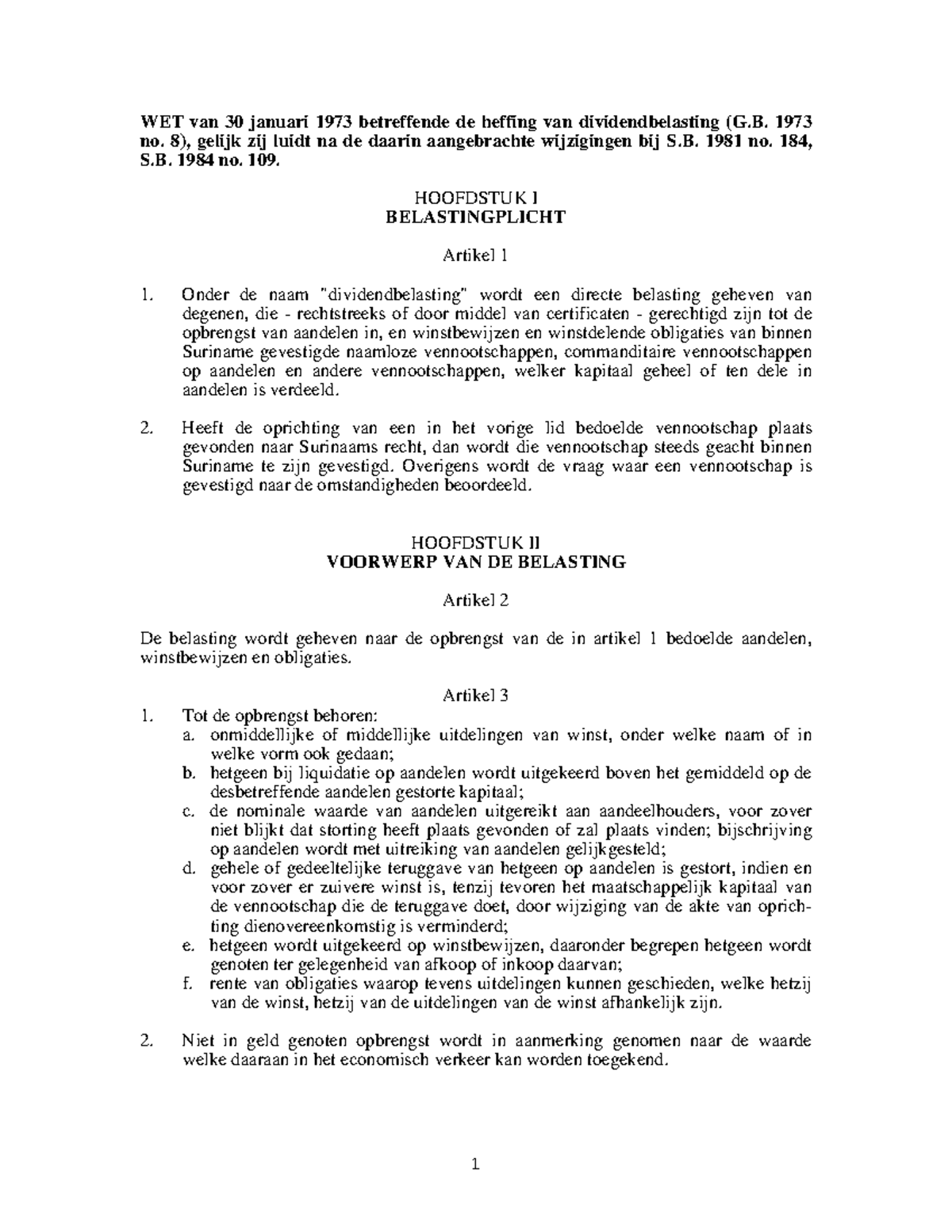 Dividendbelasting 1973 belasting wetgeving over dividend uitkering