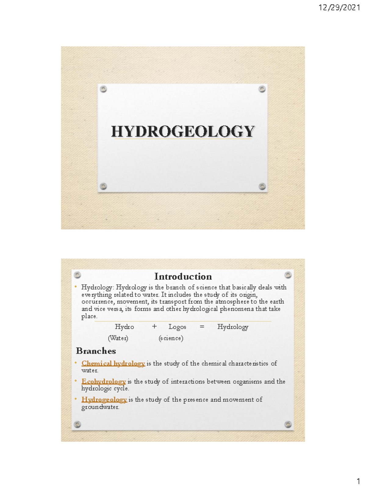 Chapter3 Hydrogeology 3608 HYDROGEOLOGY Introduction Hydrology