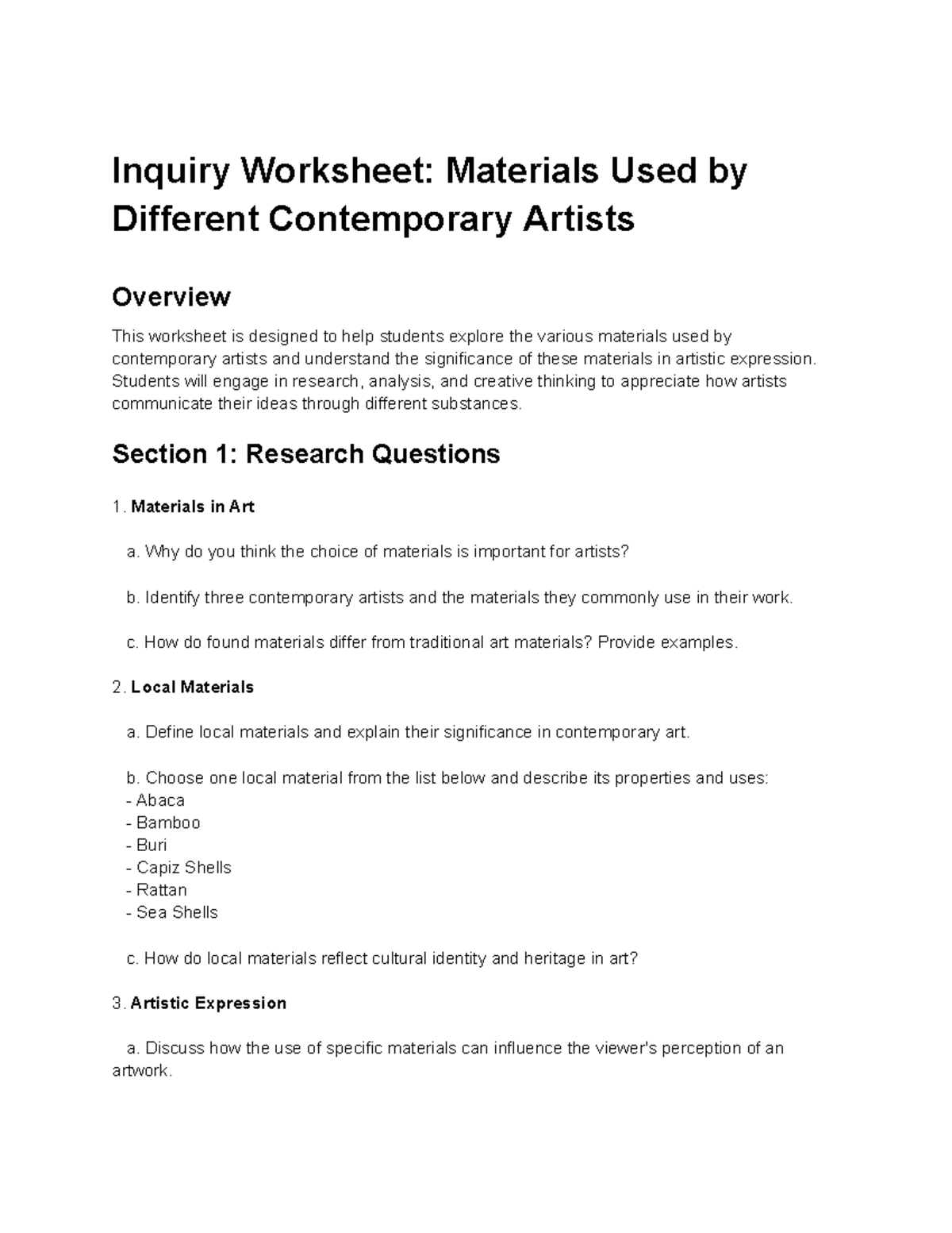 Worksheet 2 Materials USED BY DIFF - Inquiry Worksheet: Materials Used ...