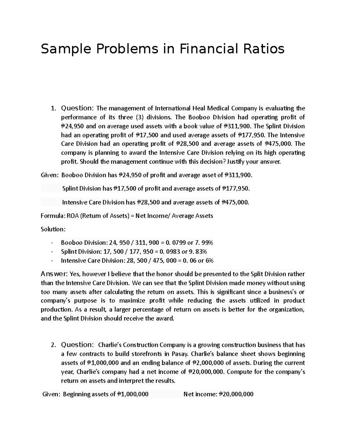 Entrepreneurial Mind - Sample Problems in Financial Ratios. - Sample ...