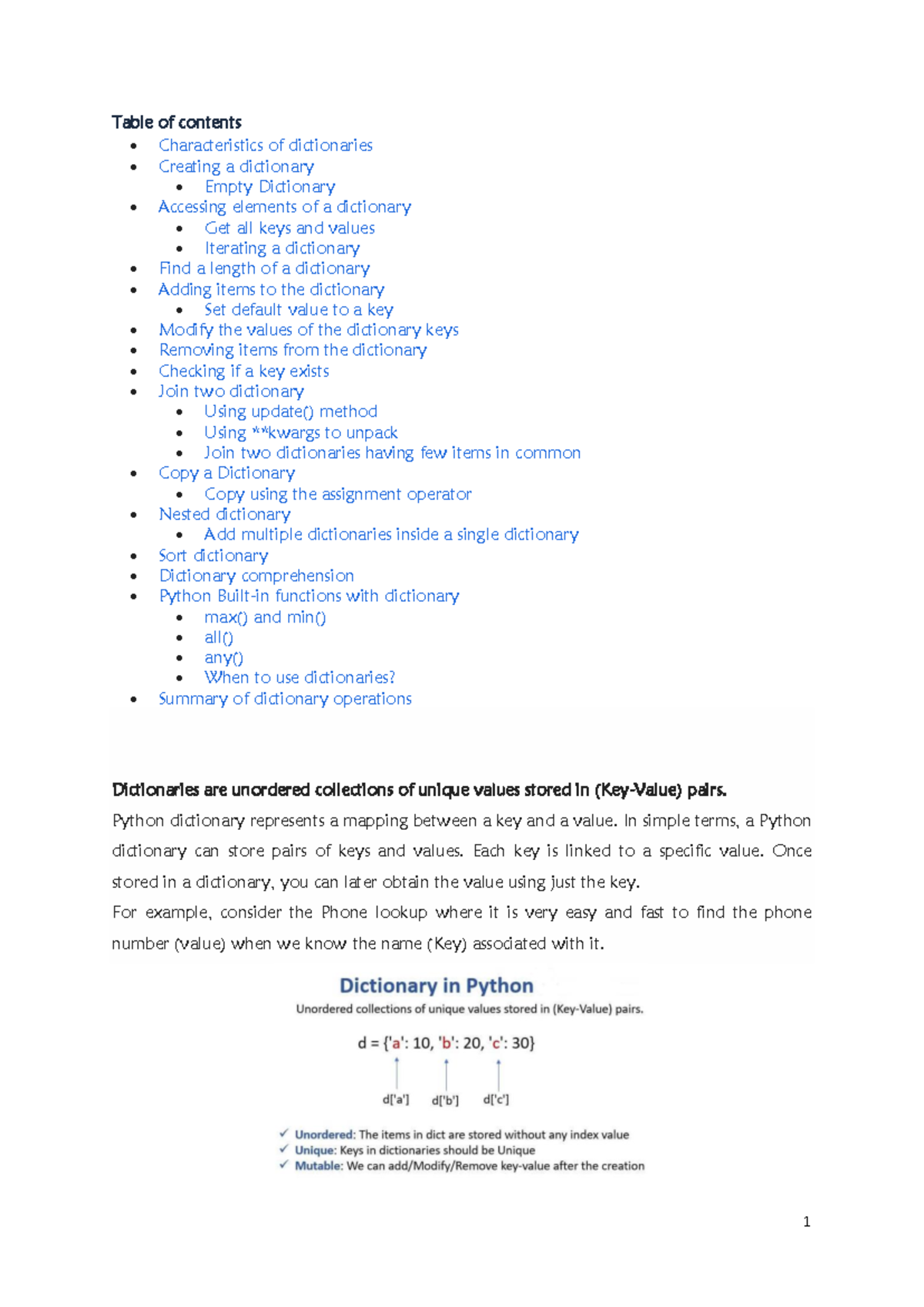 Python dictionaries - Table of contents Characteristics of dictionaries ...