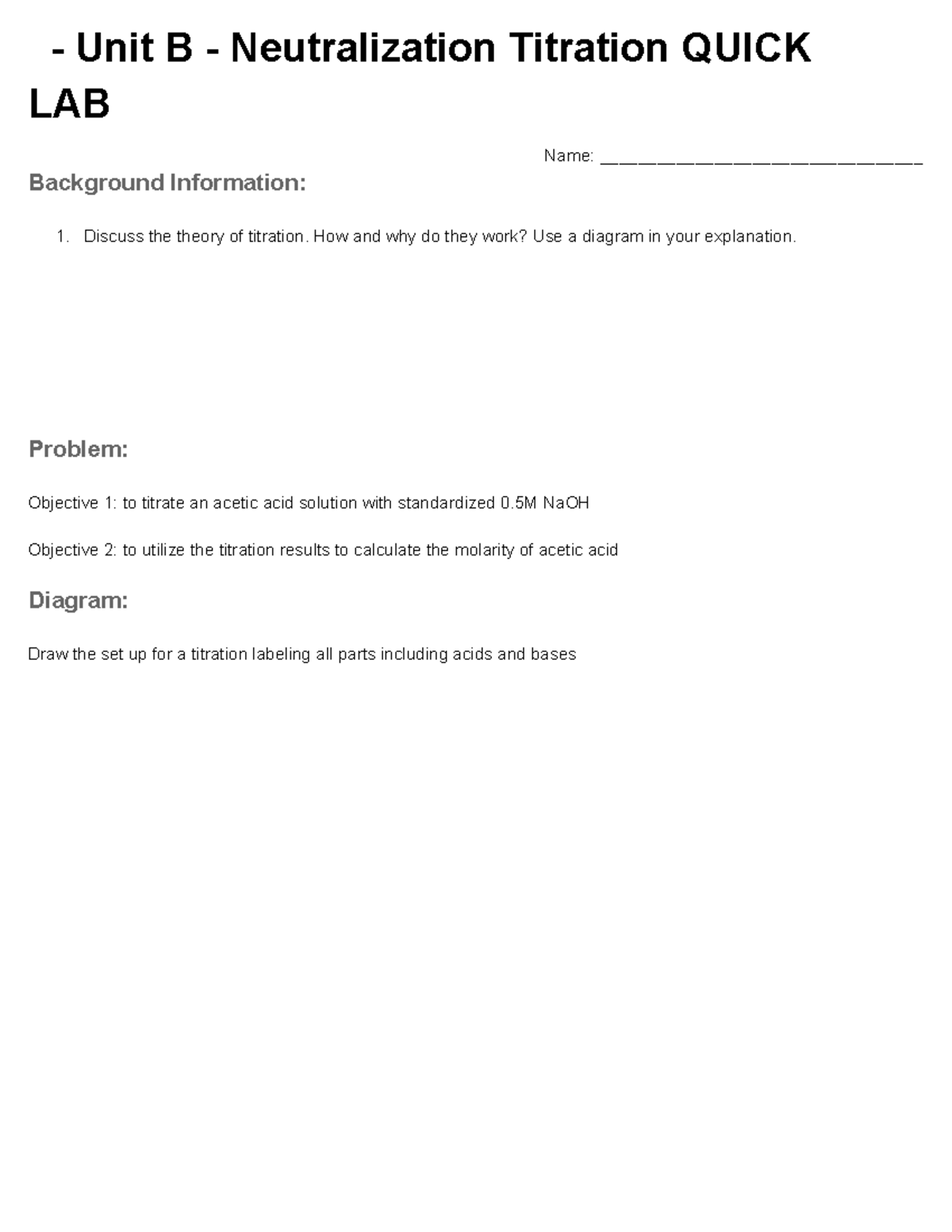 Neutralization Titration Quick LAB Unit B Neutralization Titration