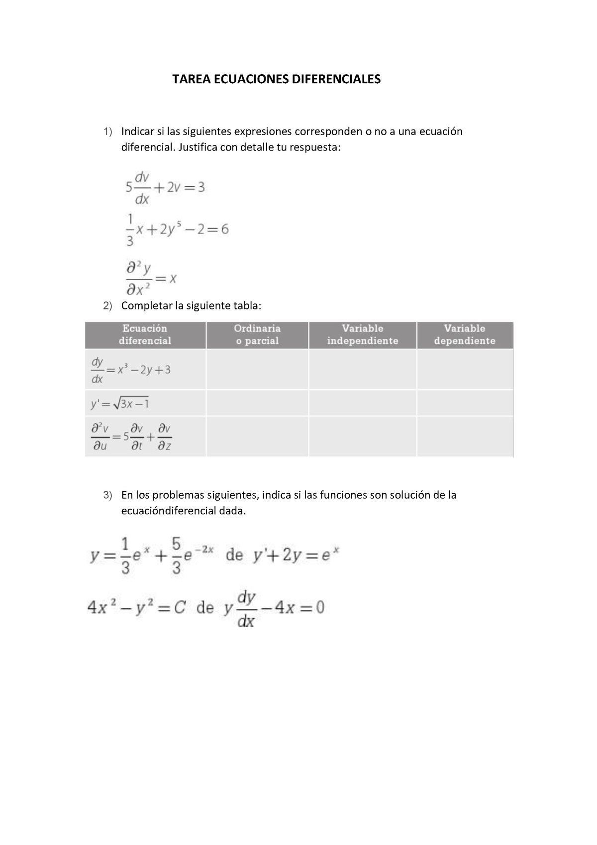 Tarea Semana ED 2021 - TAREA ECUACIONES DIFERENCIALES Indicar Si Las ...