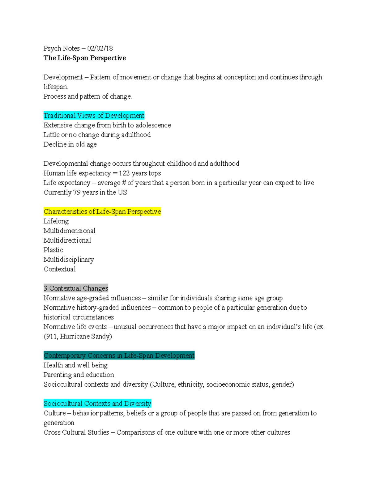 Psych Notes - Lifespan Perspective Chp. 1 - Psych Notes – 02/02/ The ...
