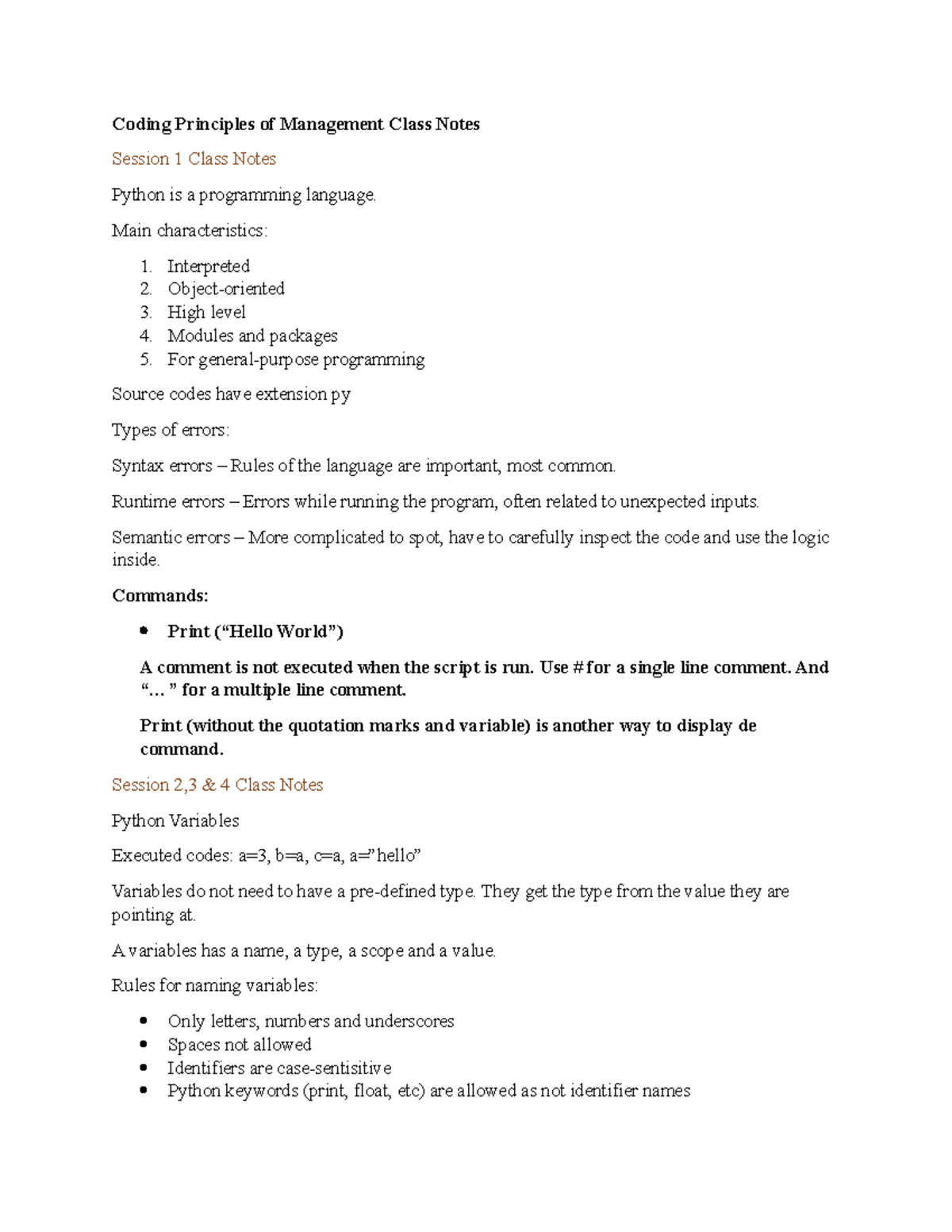 Coding notes - Coding Principles of Management Class Notes Session 1 ...