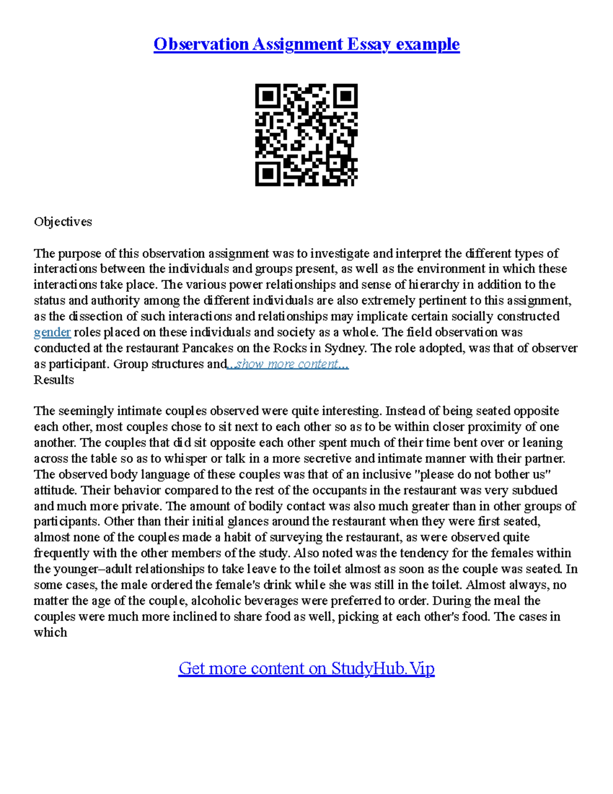 Observation Essay Topic Ideas - Observation Assignment Essay example ...